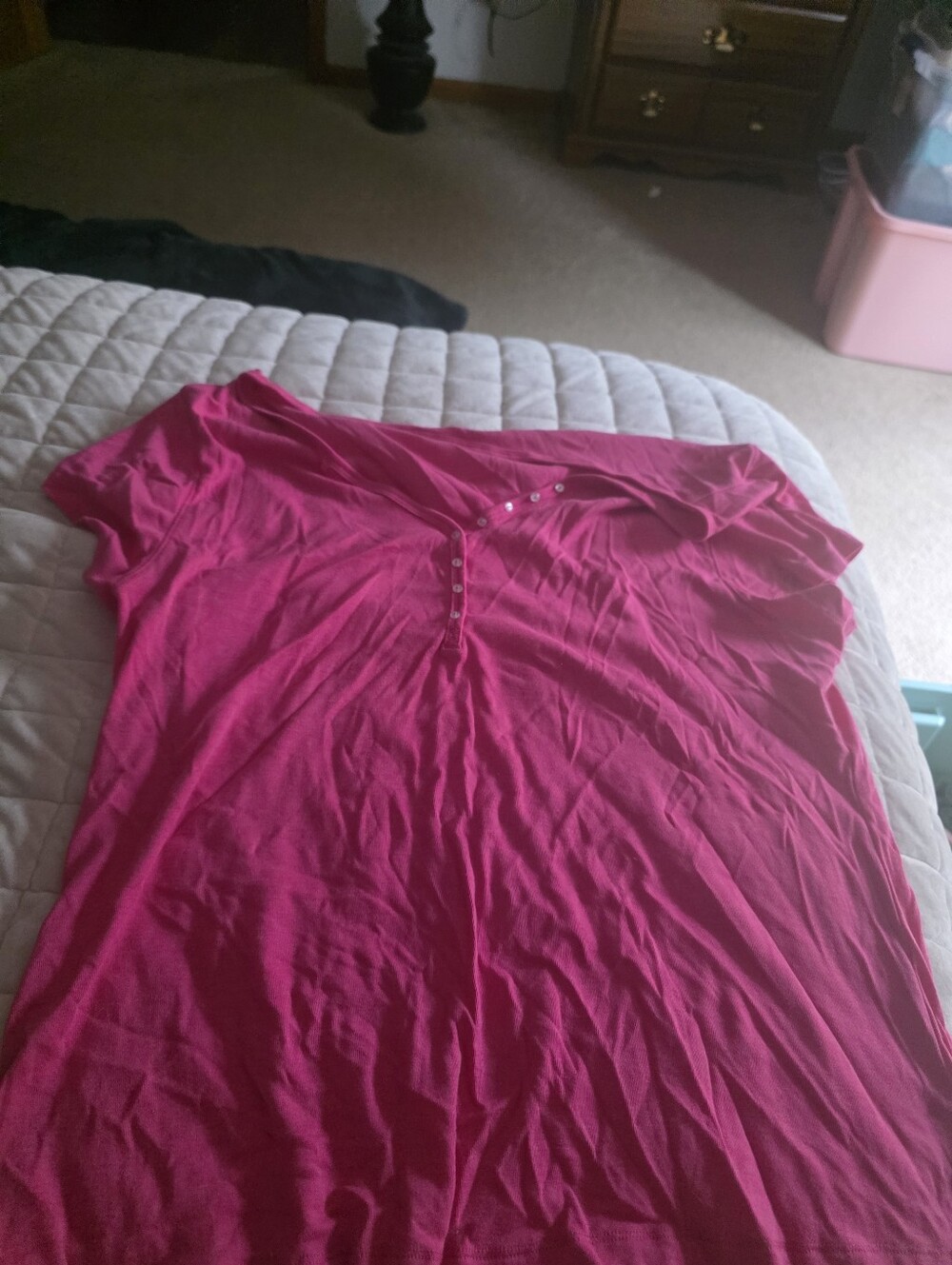 Old Navy Hot Pink V-Neck Short Sleeve Tee with Button Detail